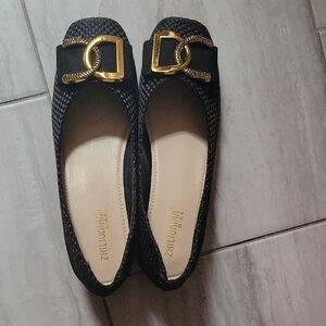 ZHILIUNIAN Elegant Black and Gold Flat Shoes with Suede Finish Size 43 US 10